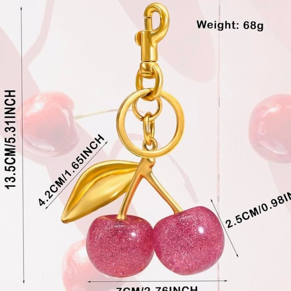Cherries glitter pink red color bag charm, gold hardward and clip - Picture 2 of 4